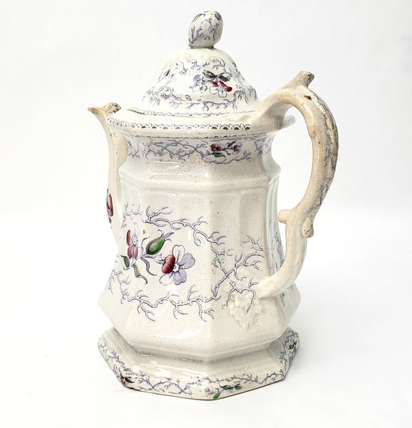 Antique Ironstone Transferware Teapot Pansey by Charles Meigh & Son Mid Victorian 1850s