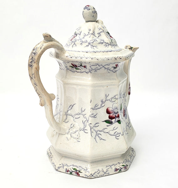 Antique Ironstone Transferware Teapot Pansey by Charles Meigh & Son Mid Victorian 1850s