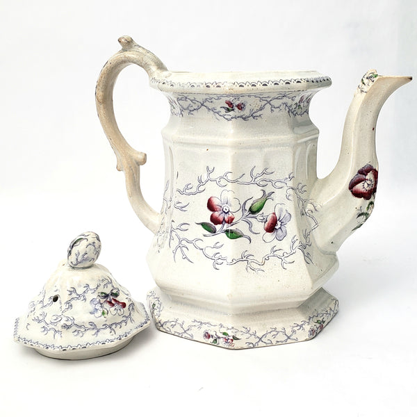 Antique Ironstone Transferware Teapot Pansey by Charles Meigh & Son Mid Victorian 1850s