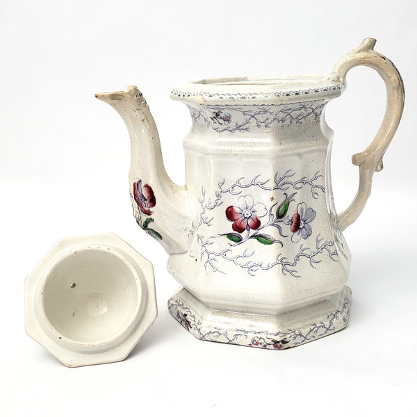 Antique Ironstone Transferware Teapot Pansey by Charles Meigh & Son Mid Victorian 1850s