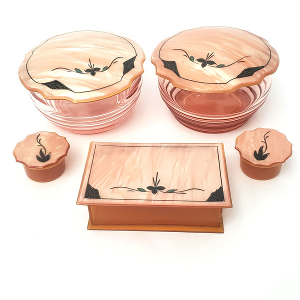 Vintage Pink Swirl & Amber Art Deco Celluloid Dresser Vanity Set of 14 1920s