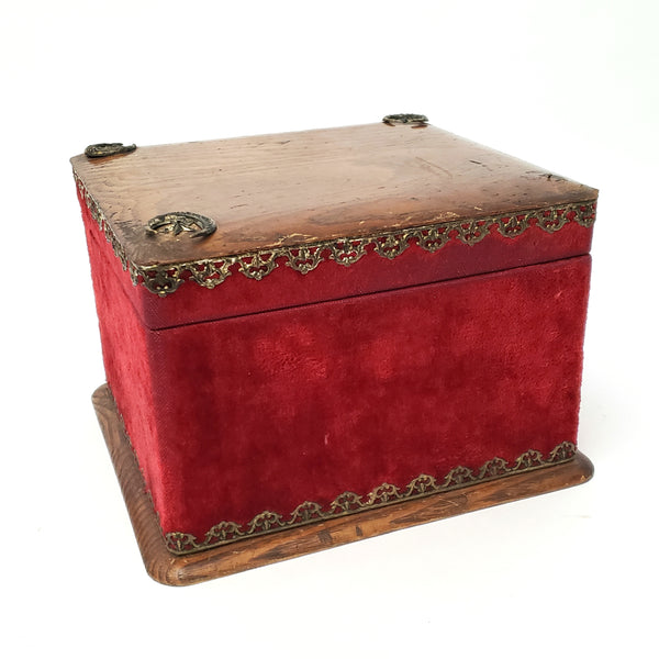 Antique Victorian Collar & Cuff Box Red Velvet Decorated Exterior