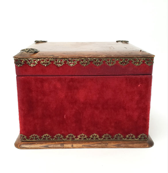 Antique Victorian Collar & Cuff Box Red Velvet Decorated Exterior