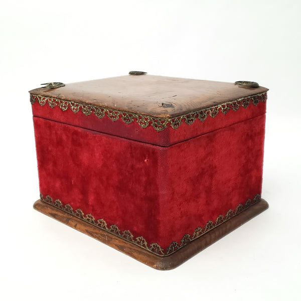 Antique Victorian Collar & Cuff Box Red Velvet Decorated Exterior