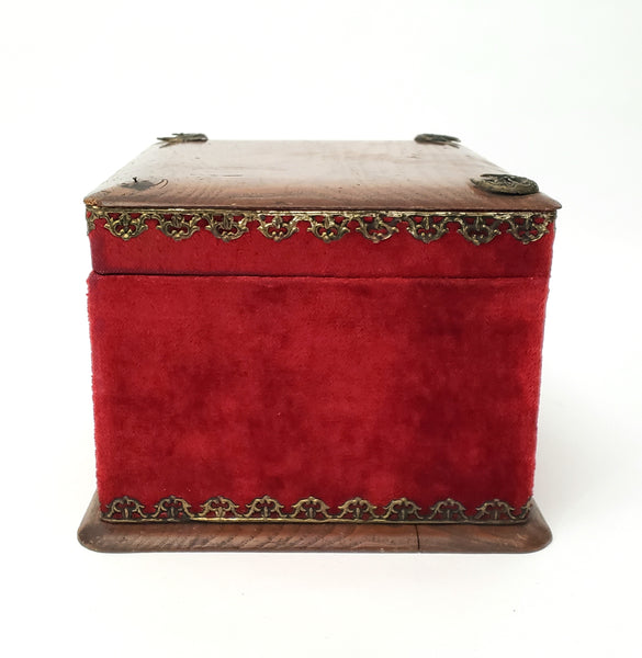 Antique Victorian Collar & Cuff Box Red Velvet Decorated Exterior