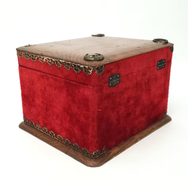 Antique Victorian Collar & Cuff Box Red Velvet Decorated Exterior