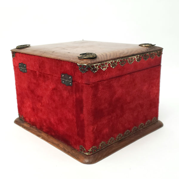 Antique Victorian Collar & Cuff Box Red Velvet Decorated Exterior