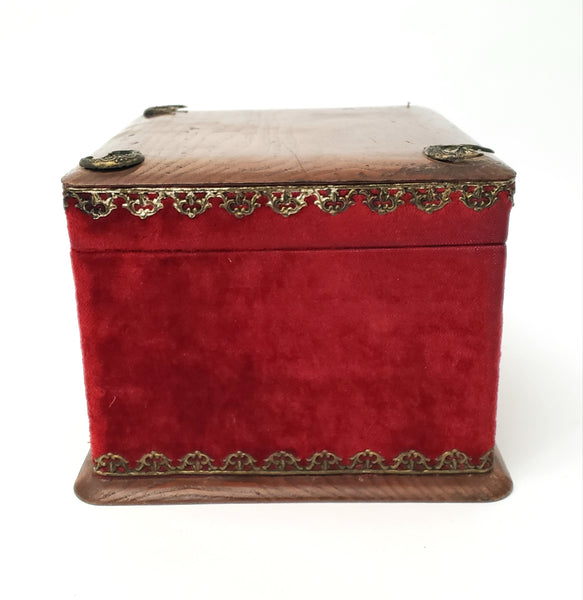 Antique Victorian Collar & Cuff Box Red Velvet Decorated Exterior