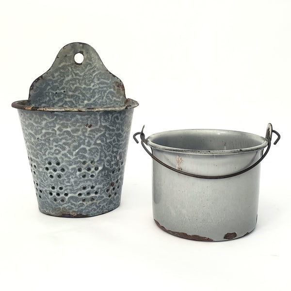 Rustic Graniteware Enamelware Utensil Holder Drainer & Small Pail