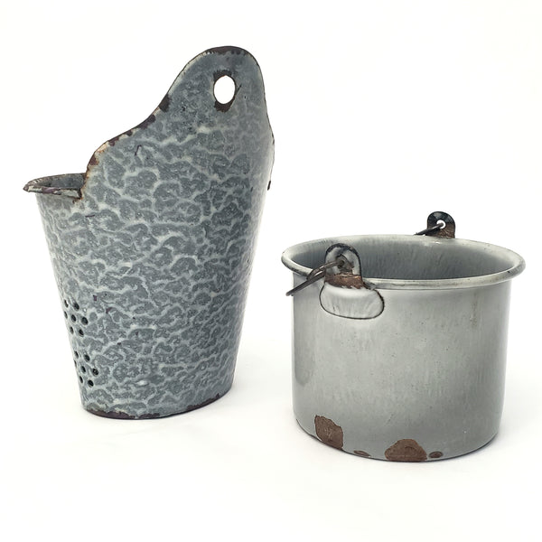 Rustic Graniteware Enamelware Utensil Holder Drainer & Small Pail