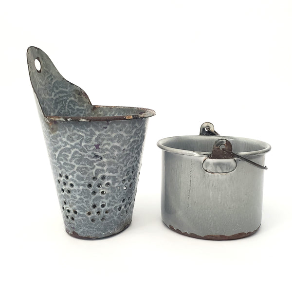 Rustic Graniteware Enamelware Utensil Holder Drainer & Small Pail