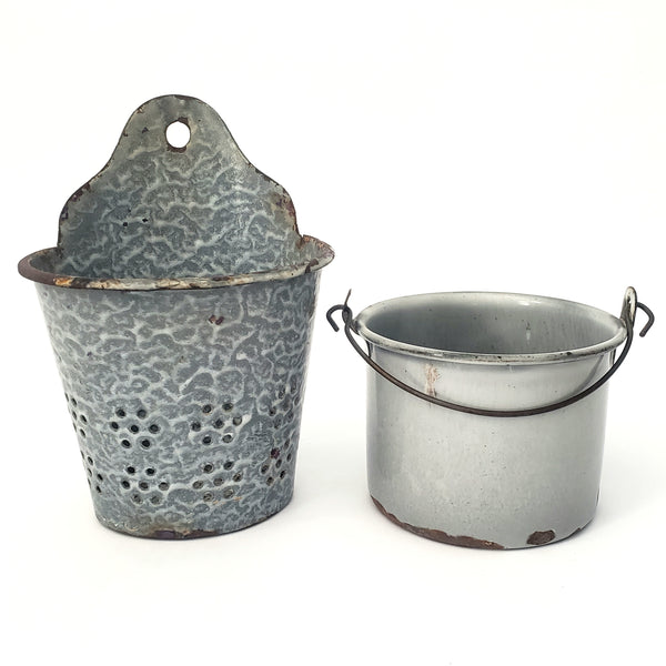 Rustic Graniteware Enamelware Utensil Holder Drainer & Small Pail