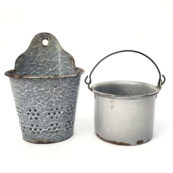 Rustic Graniteware Enamelware Utensil Holder Drainer & Small Pail