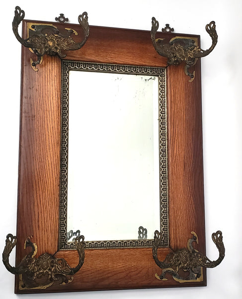 Antique Oak Framed Wall Mirror Hat Rack Beveled Mirror Cast Iron Hooks