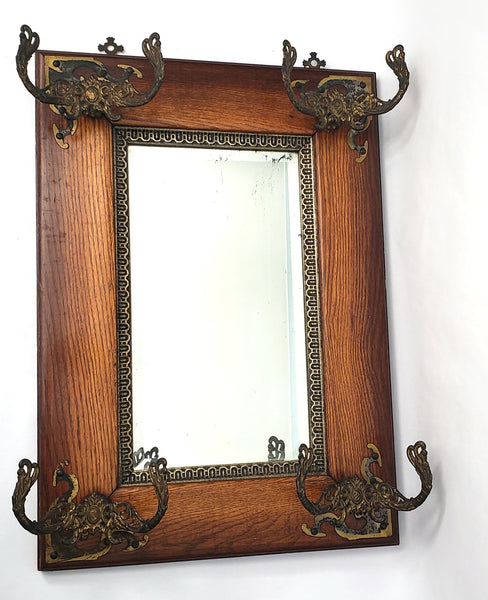 Antique Oak Framed Wall Mirror Hat Rack Beveled Mirror Cast Iron Hooks