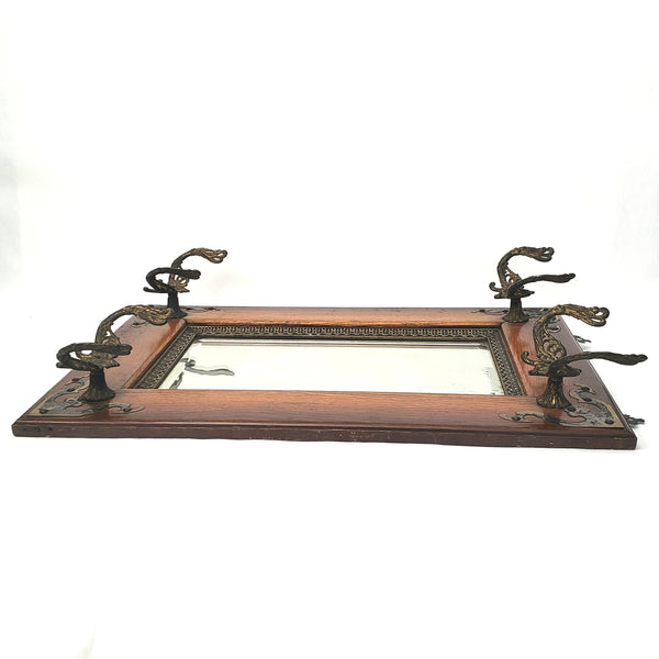 Antique Oak Framed Wall Mirror Hat Rack Beveled Mirror Cast Iron Hooks