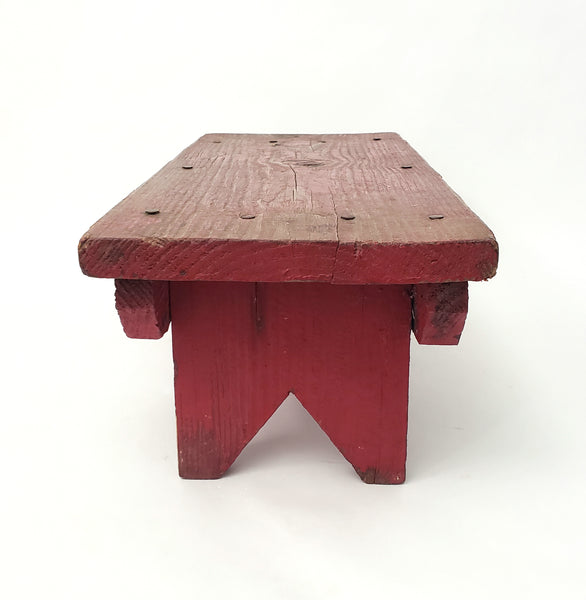 Old Handcrafted Red Wooden Farmhouse Foot Stool 17" L