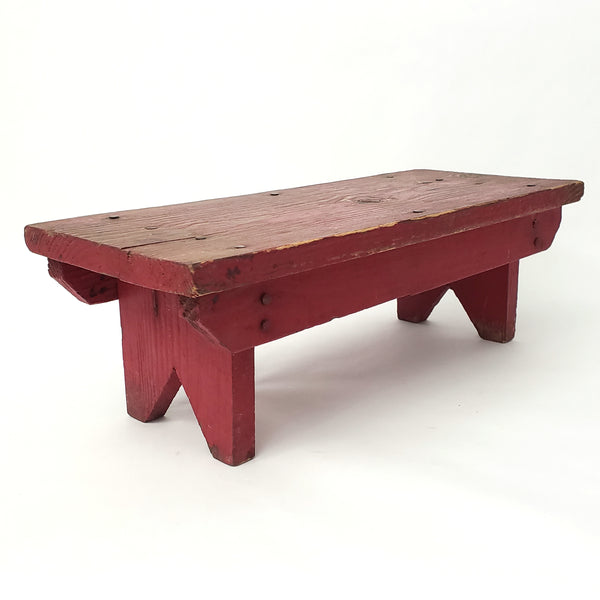 Old Handcrafted Red Wooden Farmhouse Foot Stool 17" L