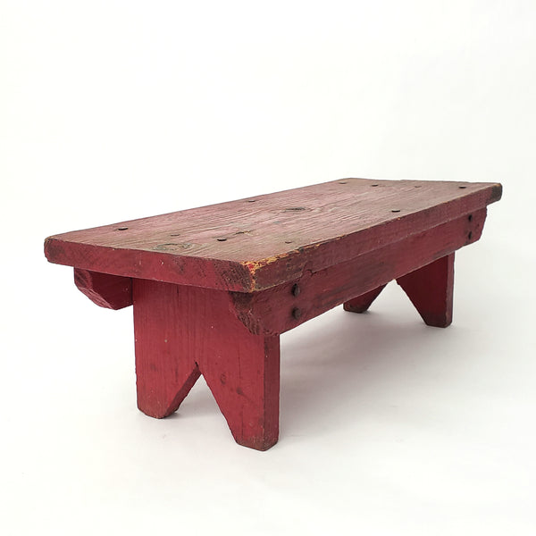 Old Handcrafted Red Wooden Farmhouse Foot Stool 17" L