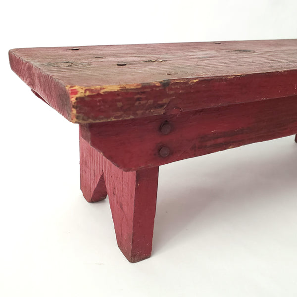 Old Handcrafted Red Wooden Farmhouse Foot Stool 17" L