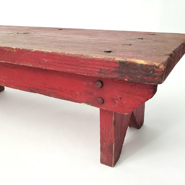 Old Handcrafted Red Wooden Farmhouse Foot Stool 17" L