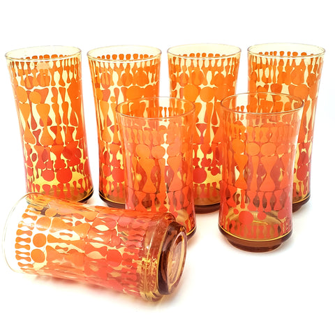 Vintage Mid Century Glass Tumbler Set of 7 Orange Geometric by Libbey Glass Co.