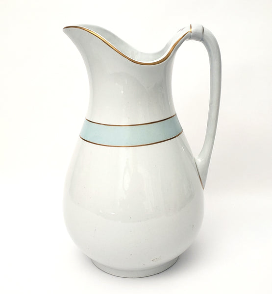 Antique White Ironstone Pitcher Light Blue Band Gold Trim 12 1/2" by JW Pankhurst England