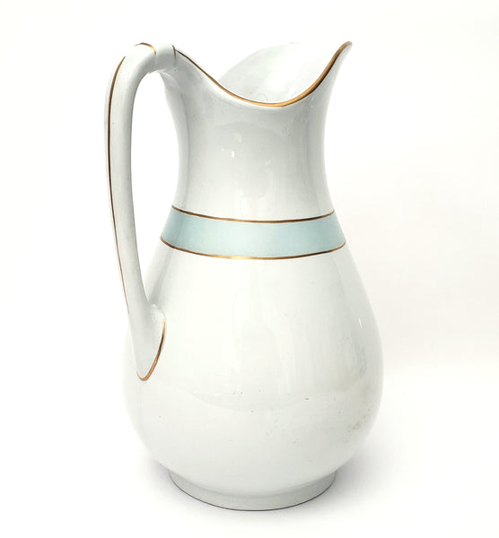 Antique White Ironstone Pitcher Light Blue Band Gold Trim 12 1/2" by JW Pankhurst England