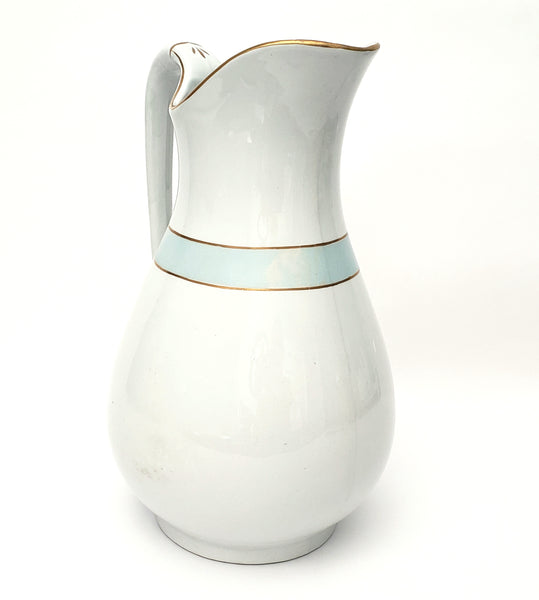 Antique White Ironstone Pitcher Light Blue Band Gold Trim 12 1/2" by JW Pankhurst England