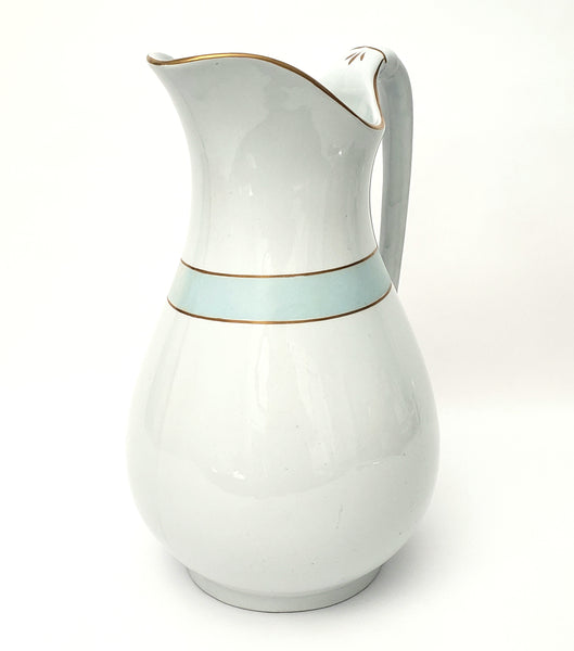 Antique White Ironstone Pitcher Light Blue Band Gold Trim 12 1/2" by JW Pankhurst England