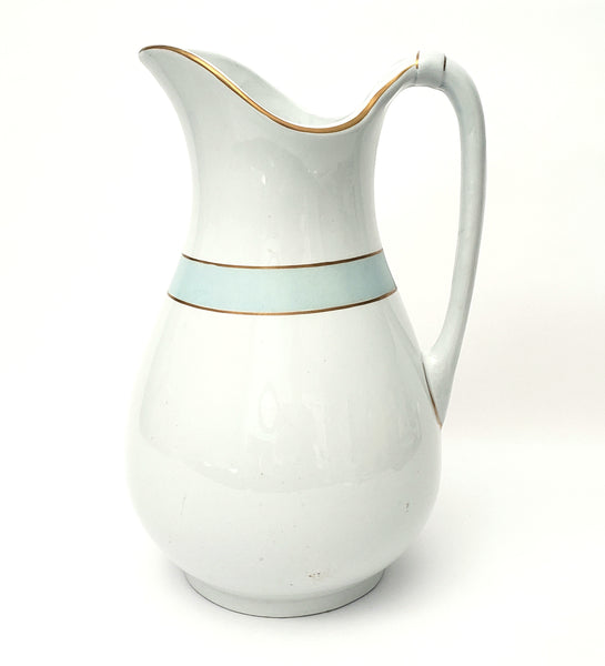 Antique White Ironstone Pitcher Light Blue Band Gold Trim 12 1/2" by JW Pankhurst England