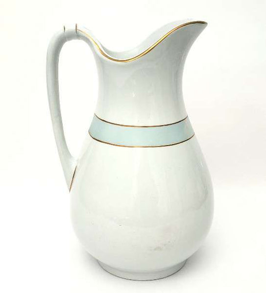 Antique White Ironstone Pitcher Light Blue Band Gold Trim 12 1/2" by JW Pankhurst England