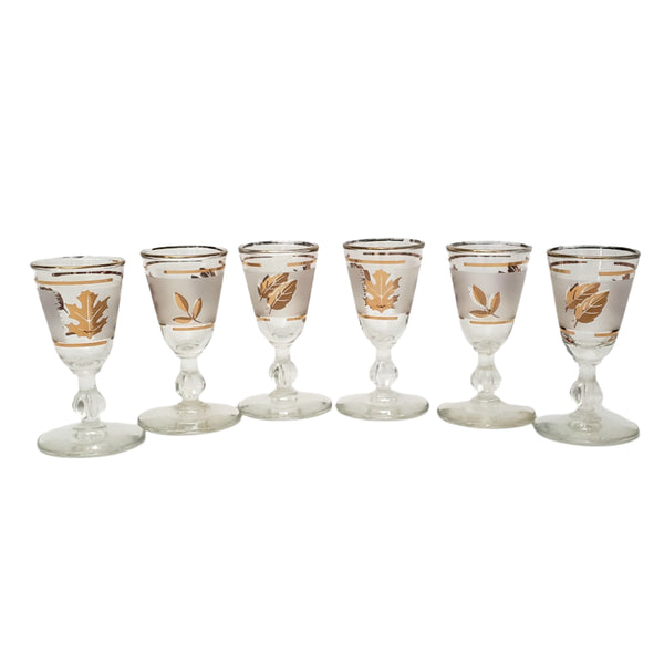 Vintage Mid Century Frosted Gold Leaf Cordial Shot Glass Set of 6