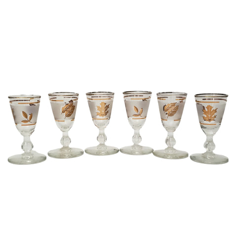 Vintage Mid Century Frosted Gold Leaf Cordial Shot Glass Set of 6