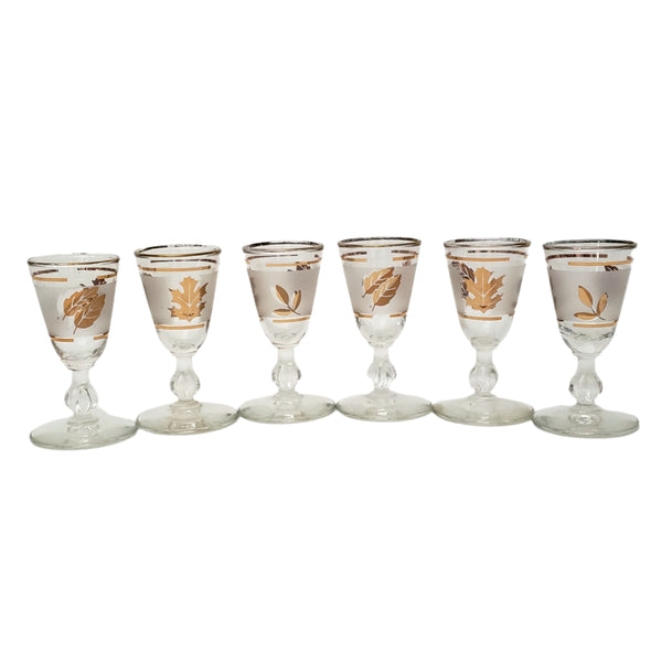 Vintage Mid Century Frosted Gold Leaf Cordial Shot Glass Set of 6