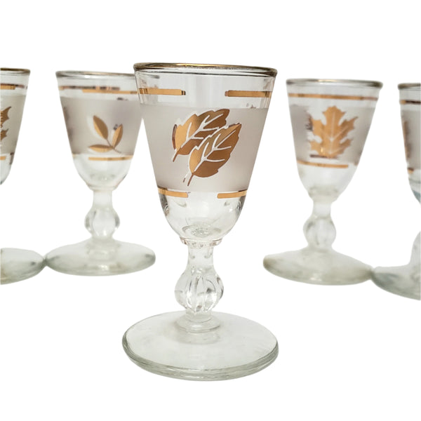 Vintage Mid Century Frosted Gold Leaf Cordial Shot Glass Set of 6