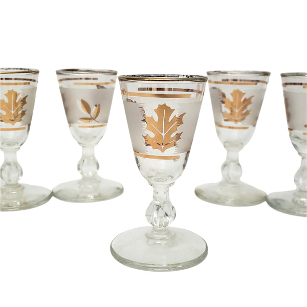 Vintage Mid Century Frosted Gold Leaf Cordial Shot Glass Set of 6