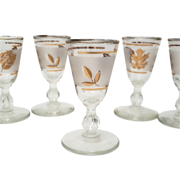 Vintage Mid Century Frosted Gold Leaf Cordial Shot Glass Set of 6