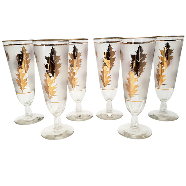 Mid Century Frosted Gold Leaf Pilsner Glass Set of 6