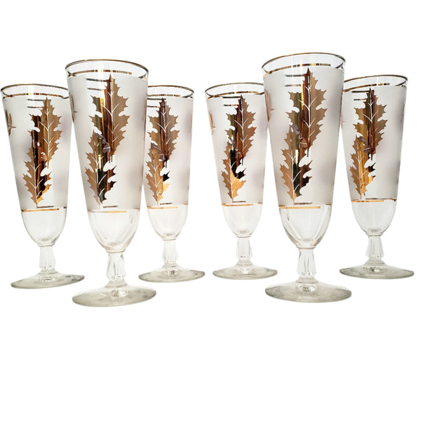 Mid Century Frosted Gold Leaf Pilsner Glass Set of 6