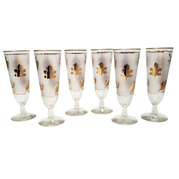 Mid Century Frosted Gold Leaf Pilsner Glass Set of 6