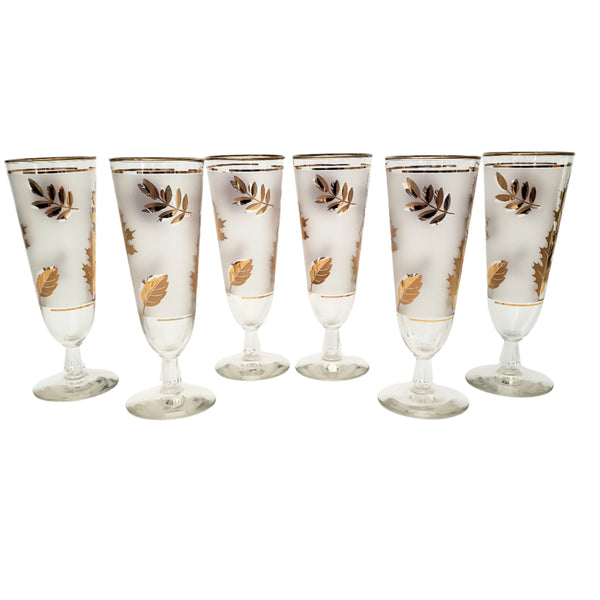 Mid Century Frosted Gold Leaf Pilsner Glass Set of 6