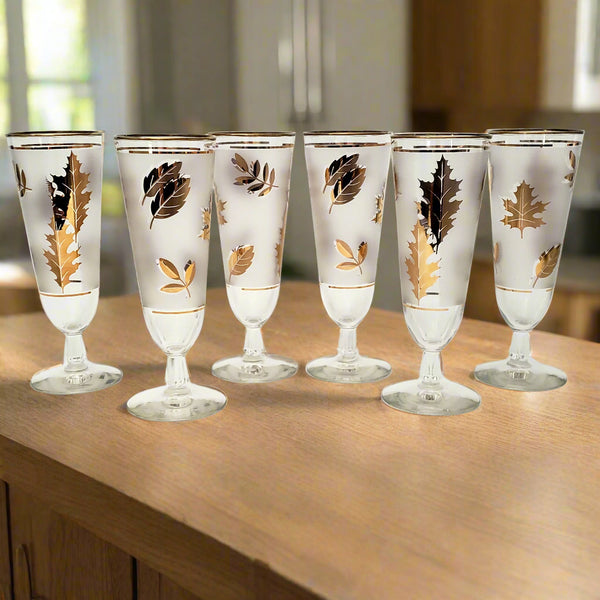 Mid Century Frosted Gold Leaf Pilsner Glass Set of 6