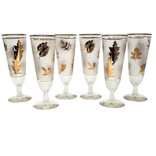 Mid Century Frosted Gold Leaf Pilsner Glass Set of 6