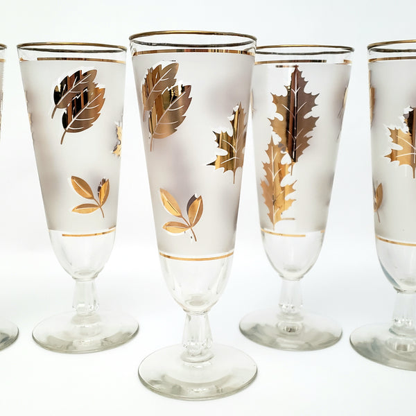 Mid Century Frosted Gold Leaf Pilsner Glass Set of 6