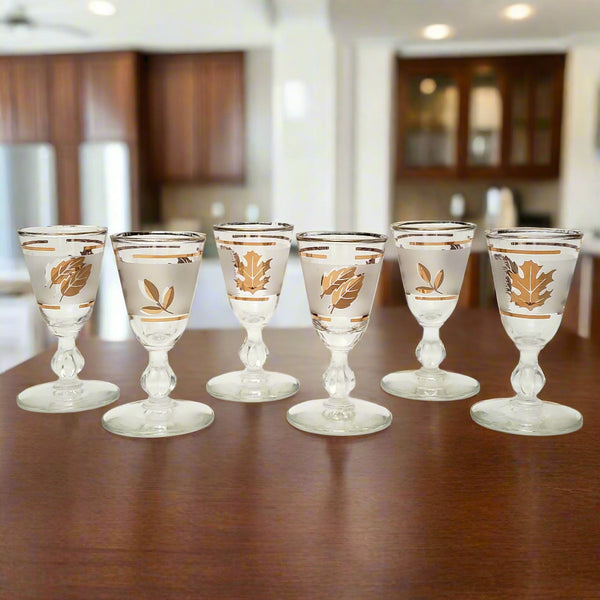 Mid Century Frosted Gold Leaf Cordial Shot Glass Set of 6