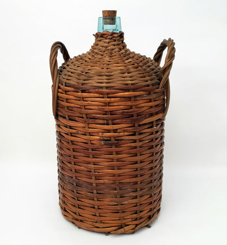 Large Antique Wicker Woven Wrapped Aqua Glass Demijohn Bottle Jug 20" x 11"