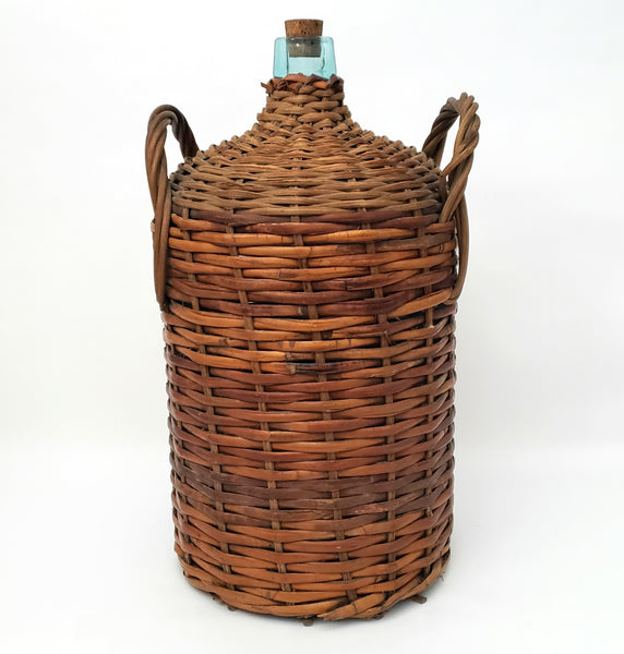 Large Antique Wicker Woven Wrapped Aqua Glass Demijohn Bottle Jug 20" x 11"