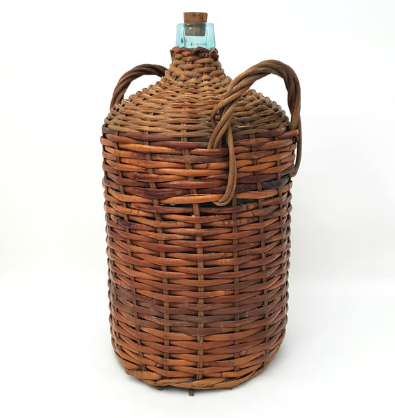 Large Antique Wicker Woven Wrapped Aqua Glass Demijohn Bottle Jug 20" x 11"