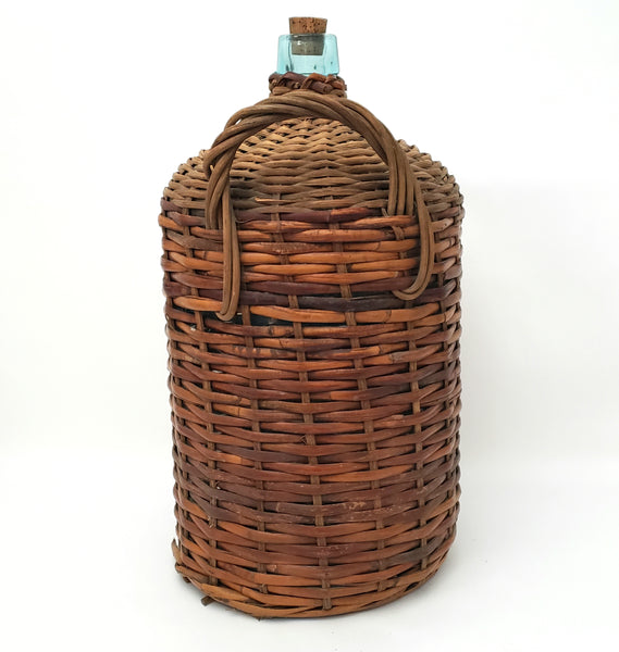 Large Antique Wicker Woven Wrapped Aqua Glass Demijohn Bottle Jug 20" x 11"